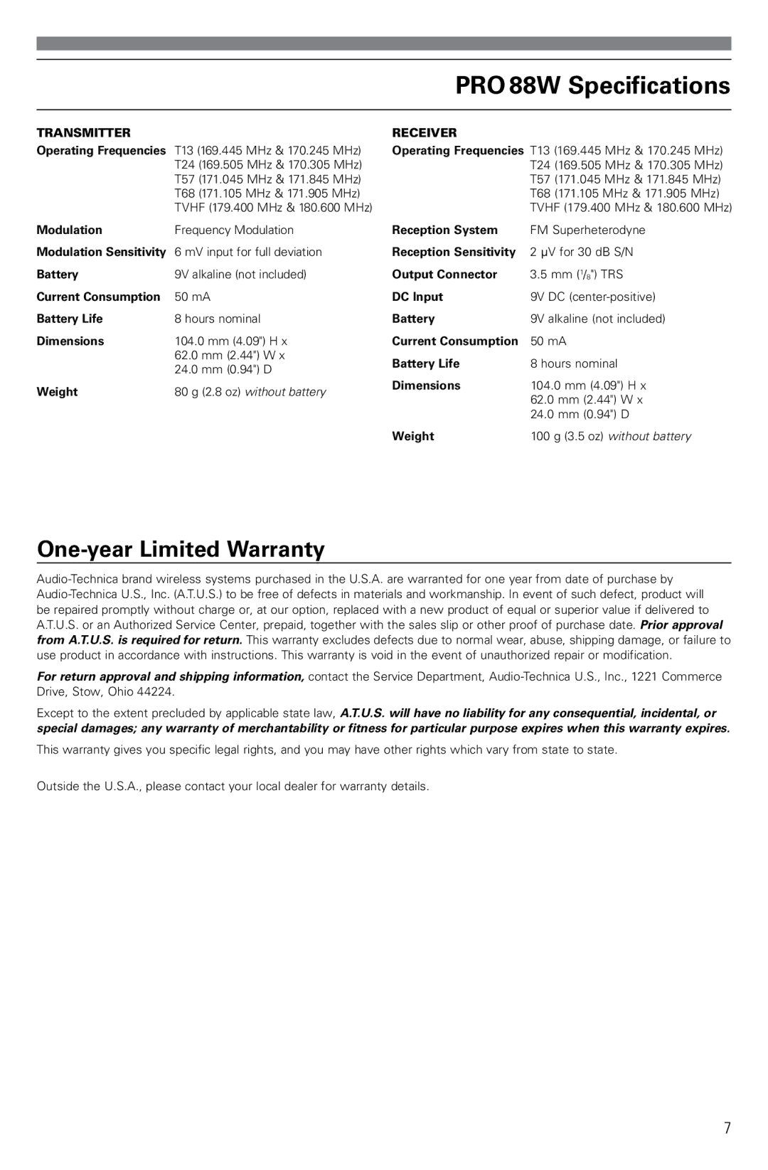 Audio-Technica PRO88W owner manual PRO 88W Specifications, One-year Limited Warranty 