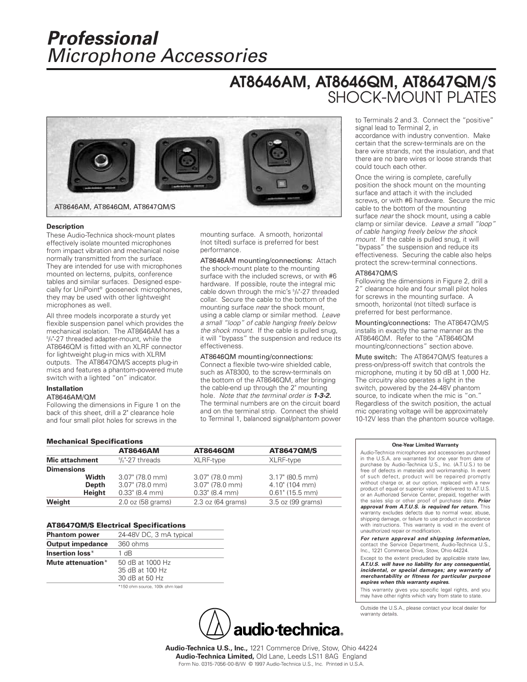 Audio-Technica AT8646QM, AT8646AM, AT8647QM dimensions SHOCK-MOUNT Plates 