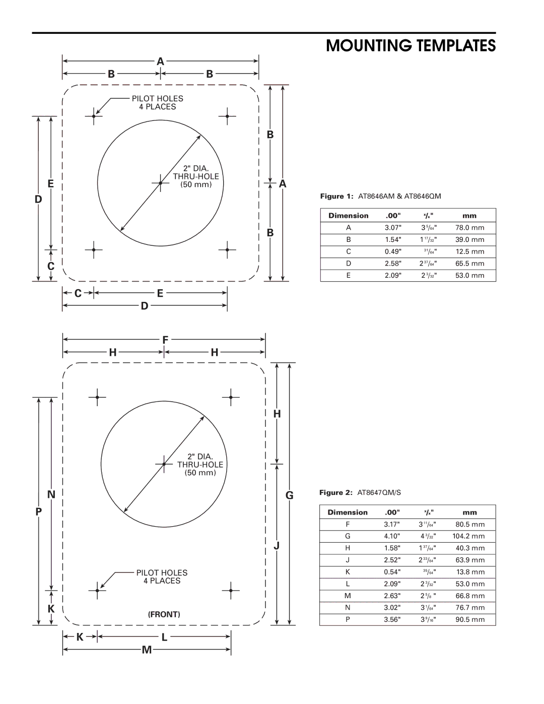 Audio-Technica AT8646AM, S, AT8646QM, AT8647QM dimensions Mounting Templates, Dimension 