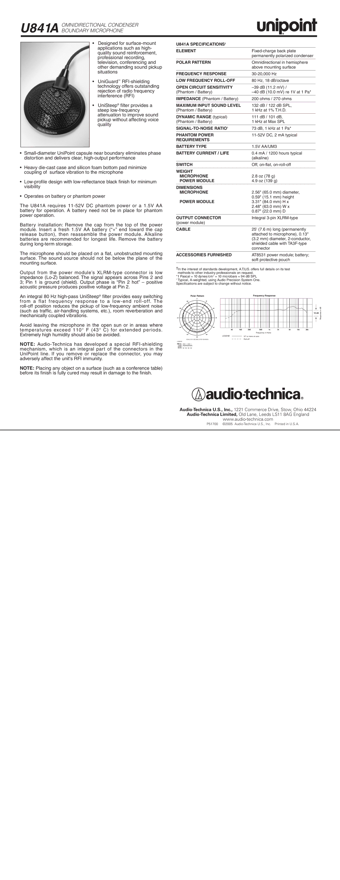 Audio-Technica specifications U841A Omnidirectional Condenser Boundary Microphone 
