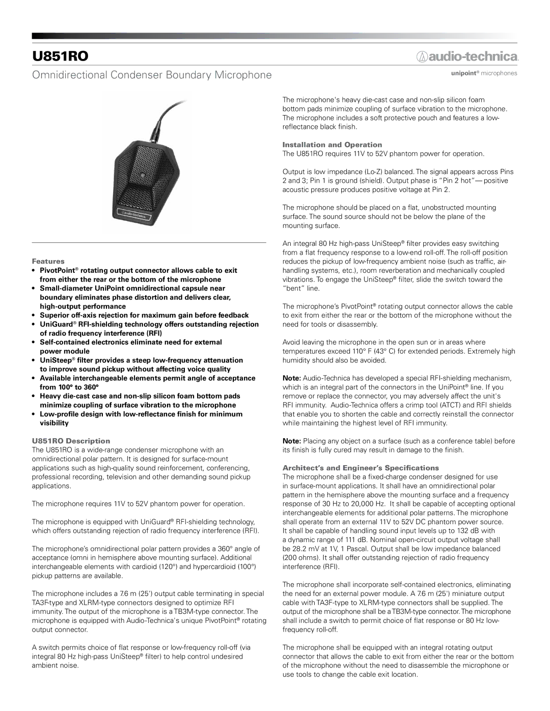 Audio-Technica manual Features, U851RO Description, Installation and Operation 