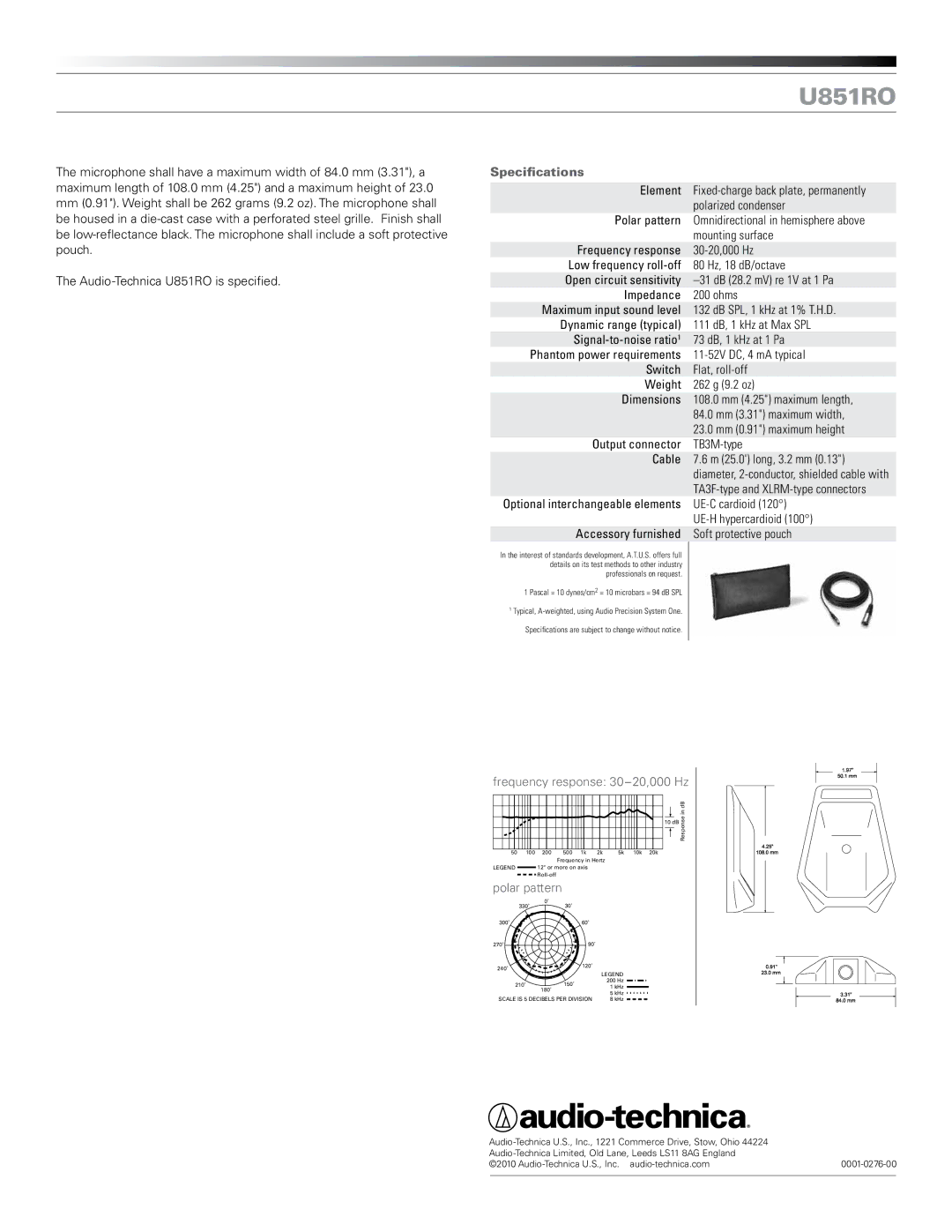 Audio-Technica U851RO manual Specifications 