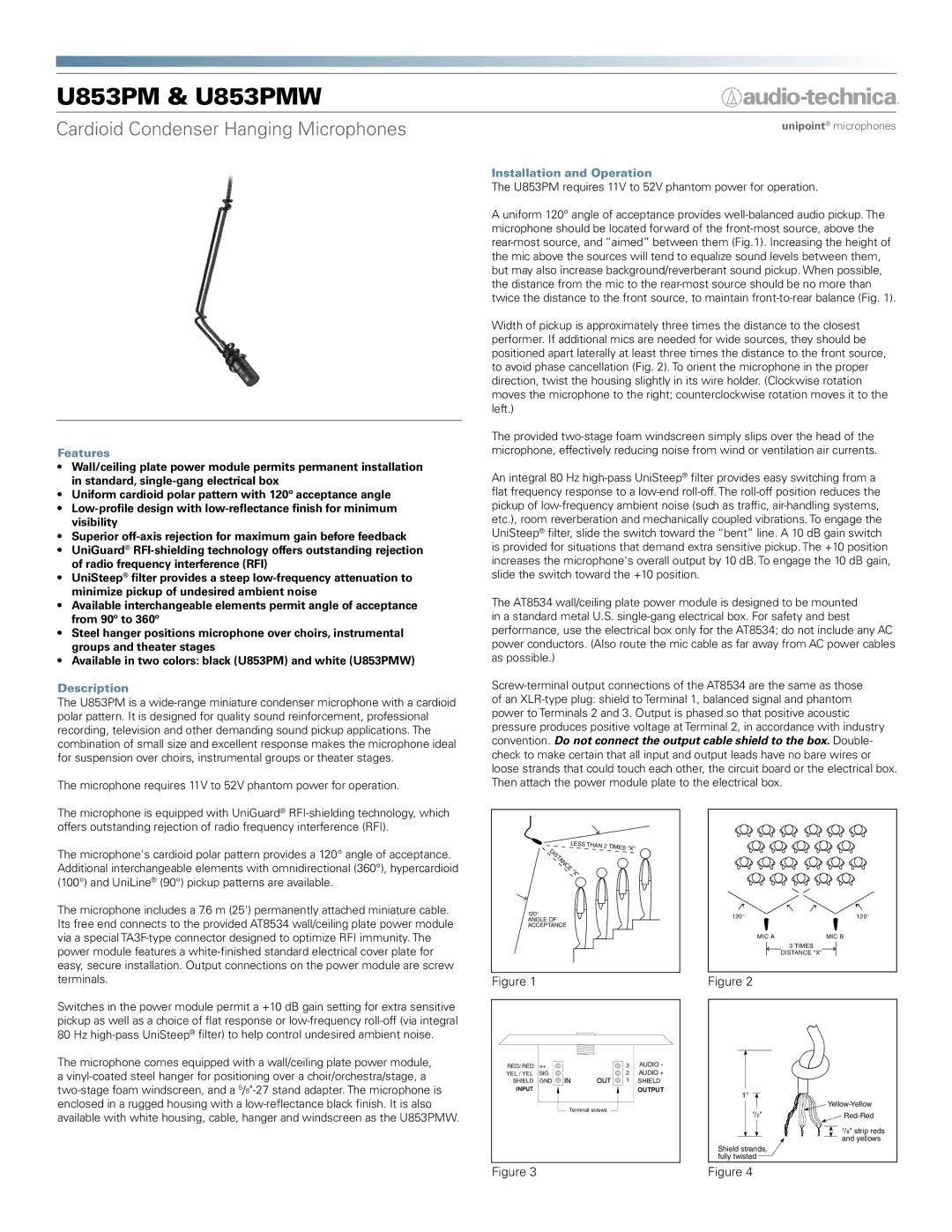 Audio-Technica U853PMW manual Features, Description, Installation and Operation 