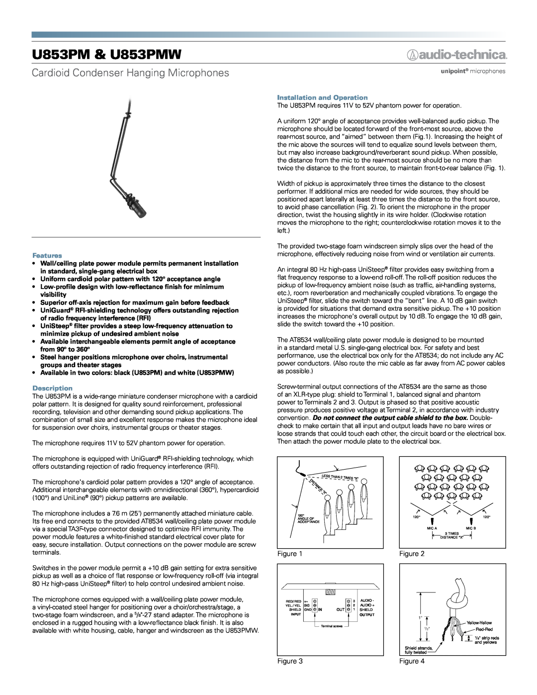Audio-Technica manual U853PM & U853PMW, Cardioid Condenser Hanging Microphones, Features, Description 