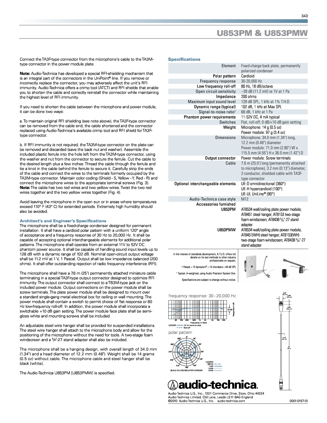 Audio-Technica manual U853PM & U853PMW, Specifications, frequency response 30-20,000 Hz, polar pattern 