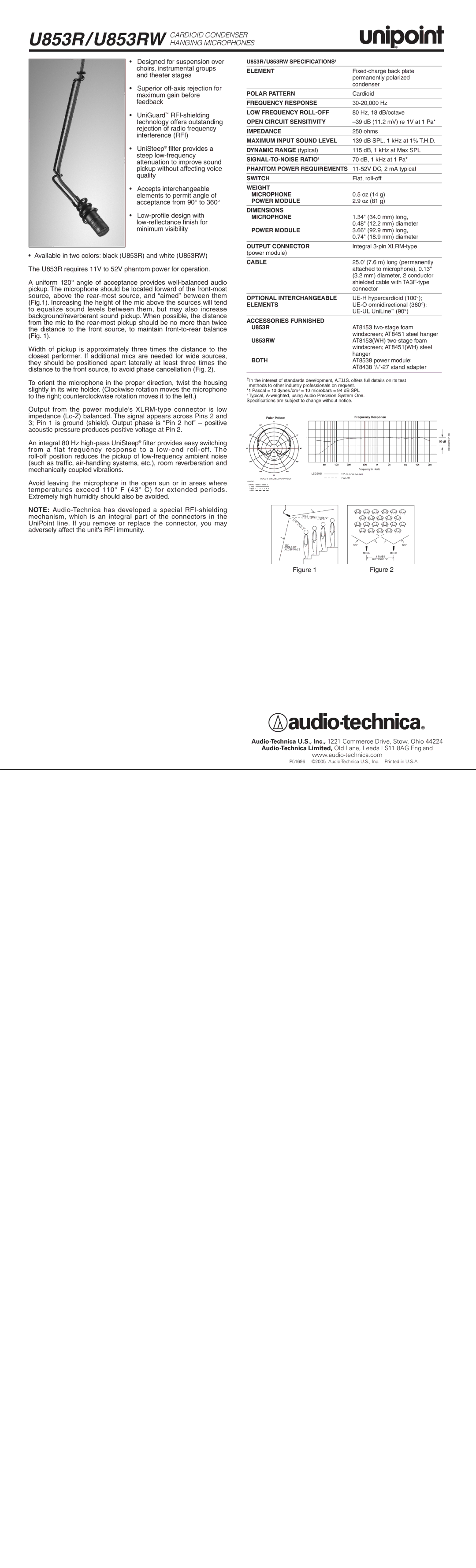 Audio-Technica specifications U853R/U853RW Cardioid Condenser Hanging Microphones 