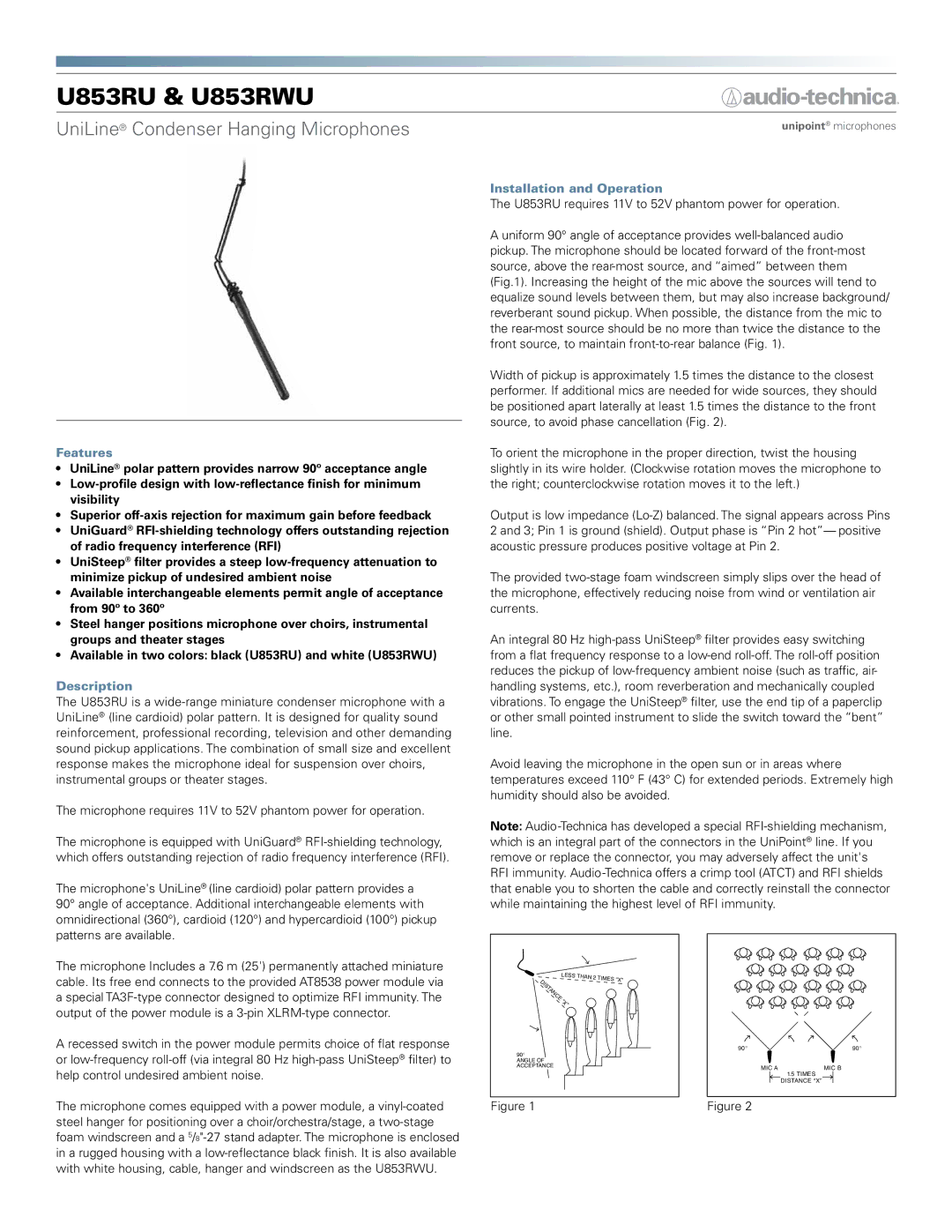 Audio-Technica U853RU, U853RWU manual Features, Description, Installation and Operation 