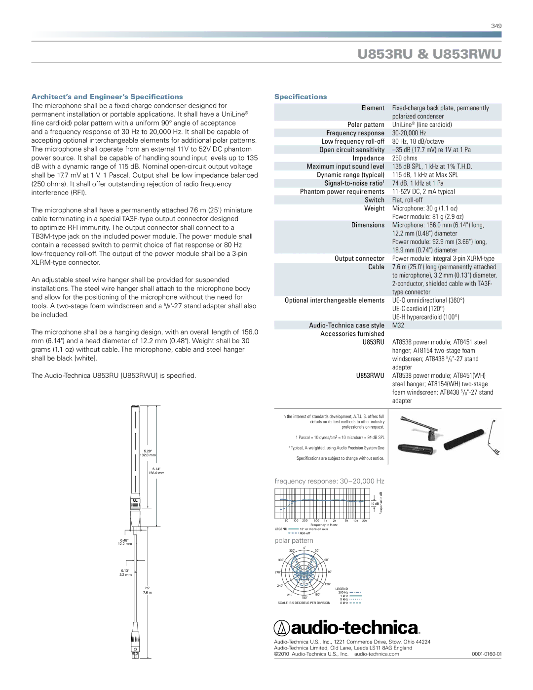 Audio-Technica U853RWU, U853RU manual Architect’s and Engineer’s Specifications 