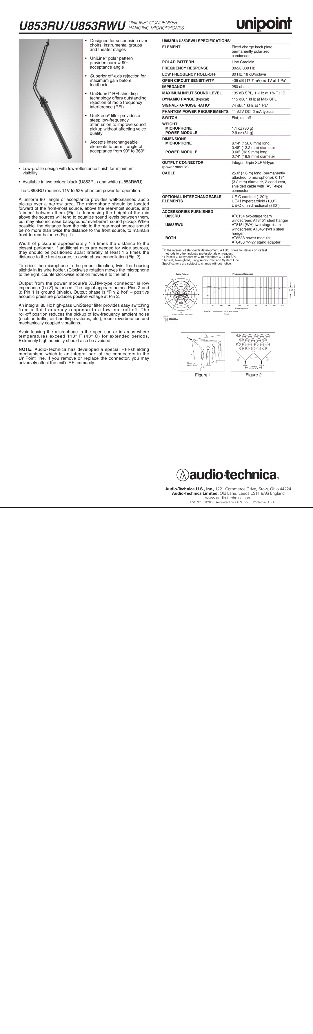 Audio-Technica specifications U853RU/U853RWU Uniline Condenser Hanging Microphones 