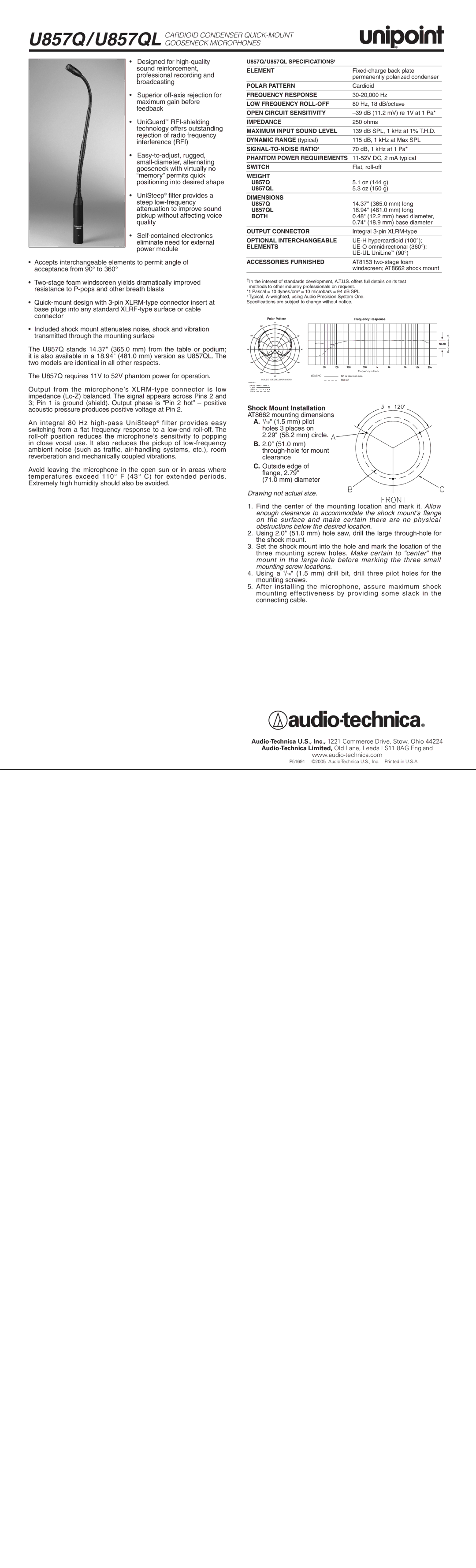 Audio-Technica U857QL specifications Shock Mount Installation AT8662 mounting dimensions, Drawing not actual size 