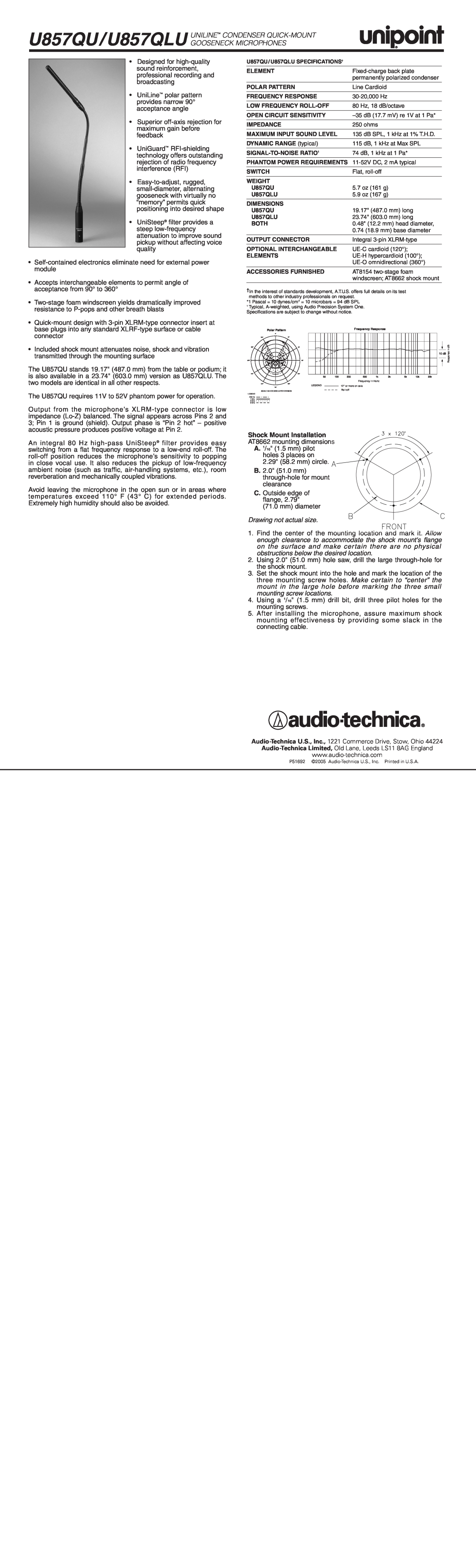 Audio-Technica specifications U857QU/U857QLU UNILINE CONDENSER QUICK-MOUNT GOOSENECK MICROPHONES 