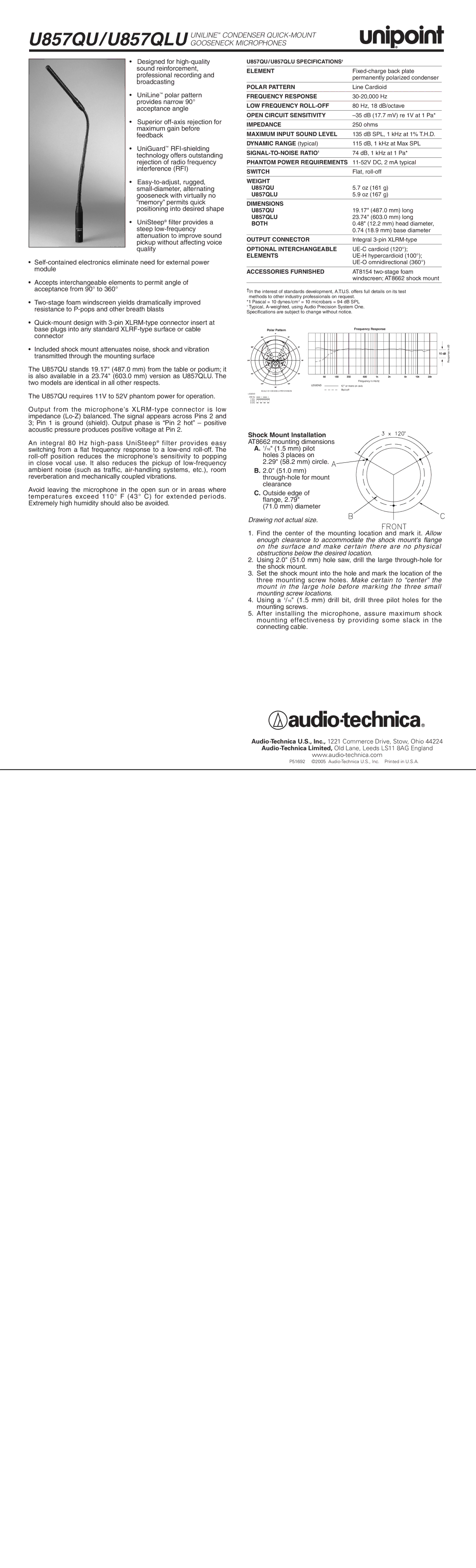 Audio-Technica U857QU, U857QLU specifications Shock Mount Installation AT8662 mounting dimensions, Drawing not actual size 