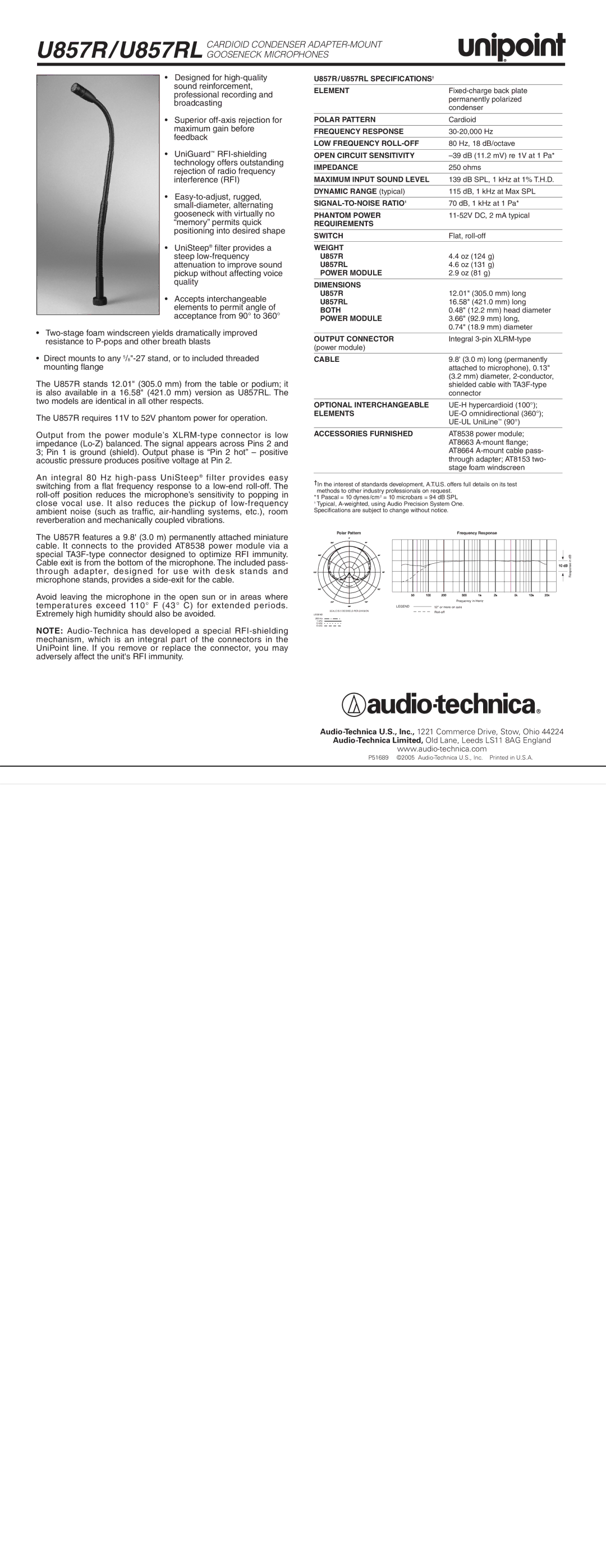 Audio-Technica specifications U857R/U857RL SPECIFICATIONS† Element, Polar Pattern, Frequency Response, Impedance, Both 