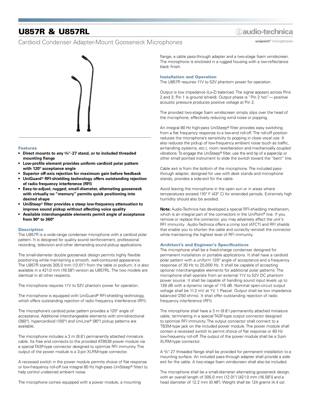 Audio-Technica U857R manual Features, Description, Installation and Operation, Architect’s and Engineer’s Specifications 