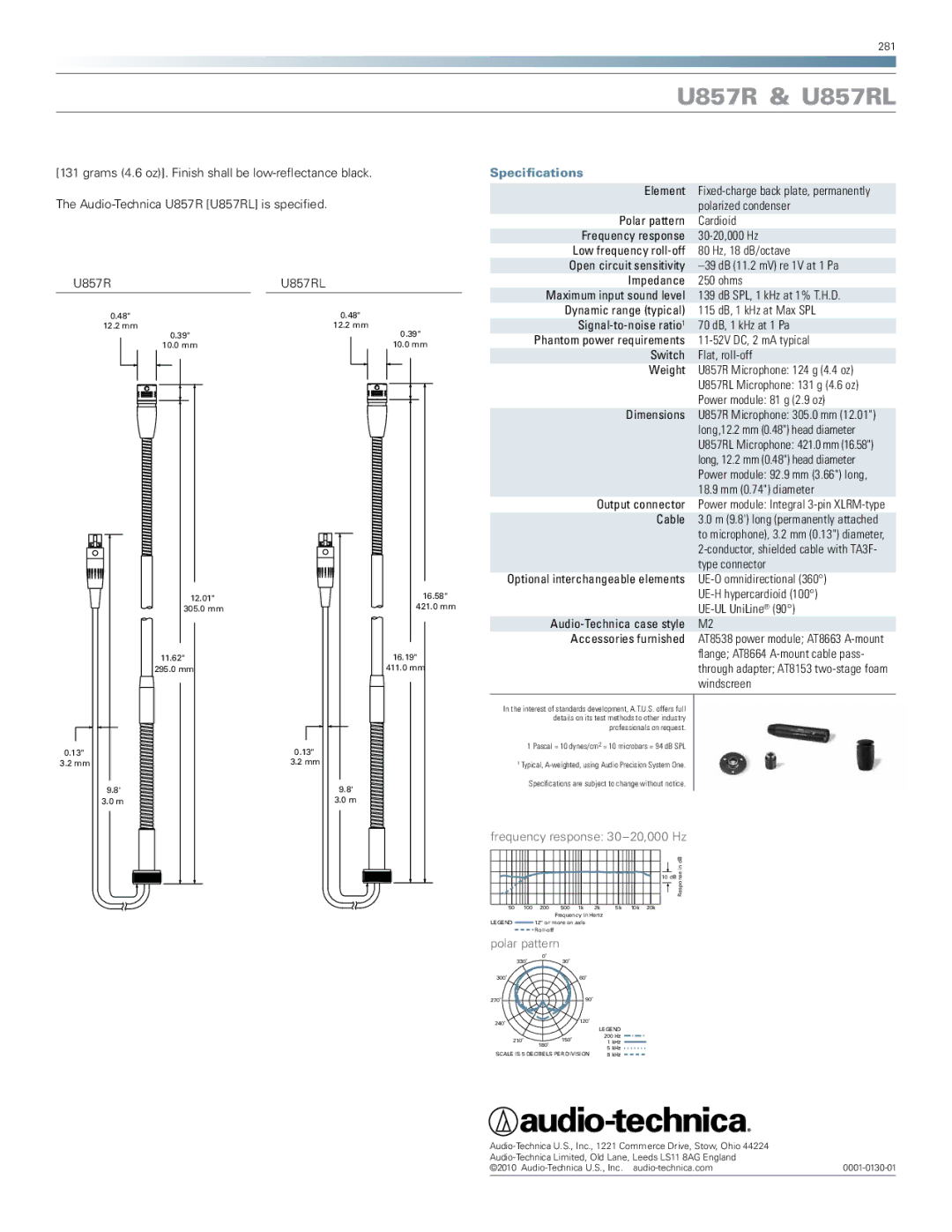 Audio-Technica U857RL manual Specifications 