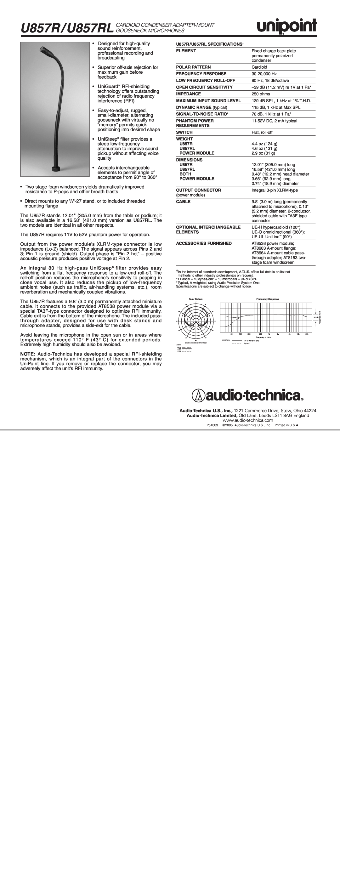 Audio-Technica specifications U857R/U857RL CARDIOID CONDENSER ADAPTER-MOUNT GOOSENECK MICROPHONES 