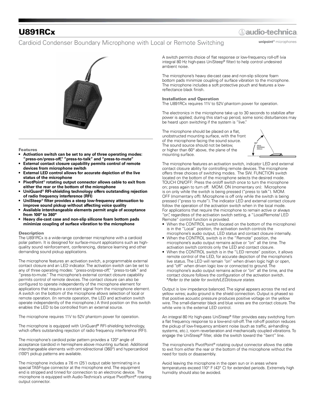 Audio-Technica U891RCX manual Features, Description, Installation and Operation 