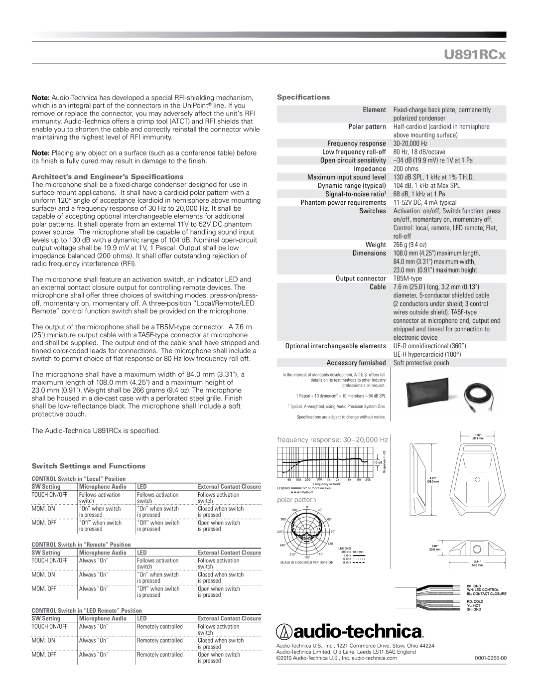 Audio-Technica U891RCX manual Architect’s and Engineer’s Specifications, Switch Settings and Functions 