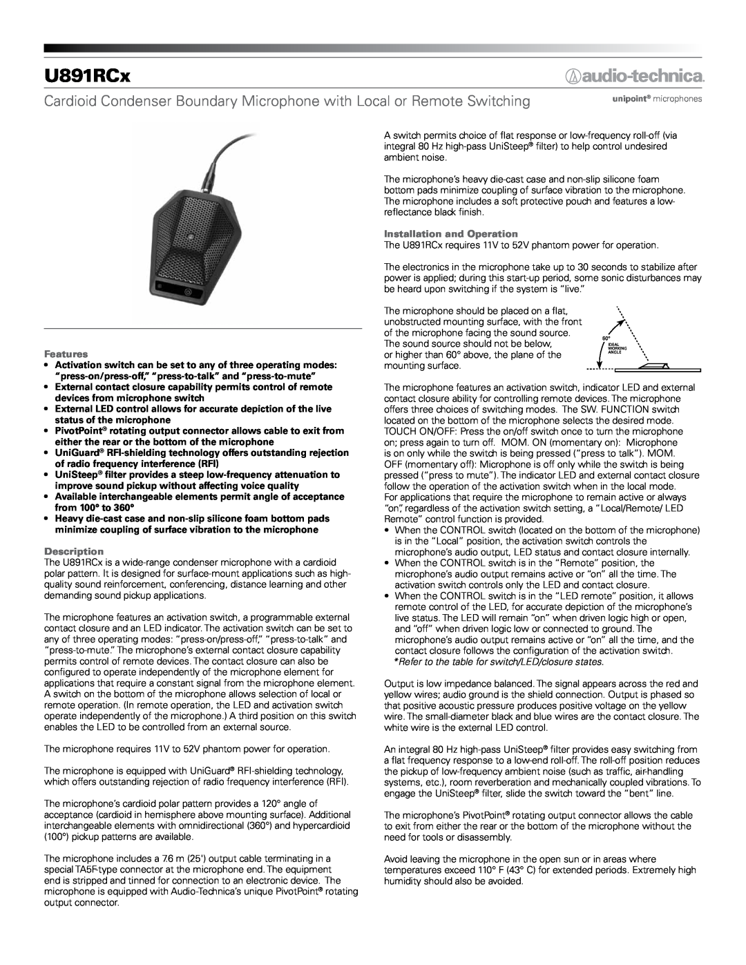 Audio-Technica U891RCX manual Features, Description, Installation and Operation, U891RCx 