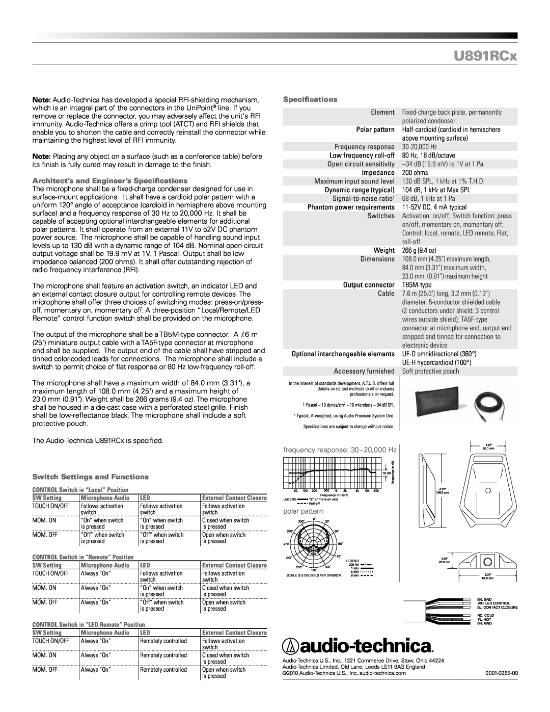 Audio-Technica U891RCX Architect’s and Engineer’s Specifications, Switch Settings and Functions, U891RCx, polar pattern 