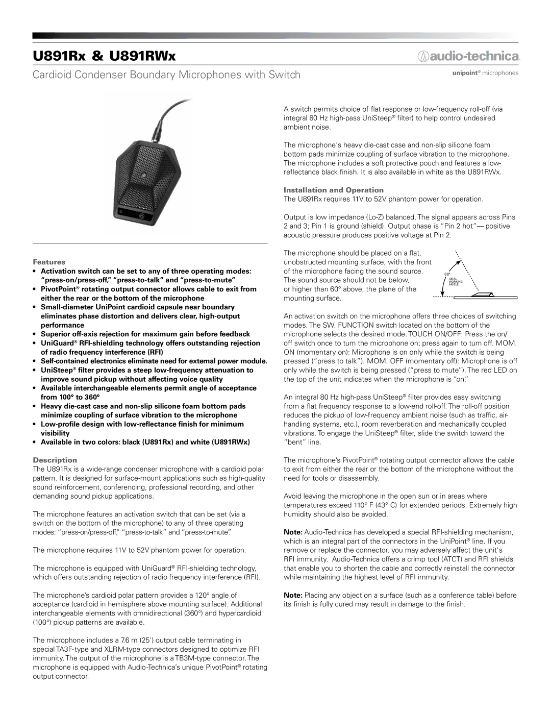 Audio-Technica U891Rx & U891RWx manual Cardioid Condenser Boundary Microphones with Switch, Features, Description 