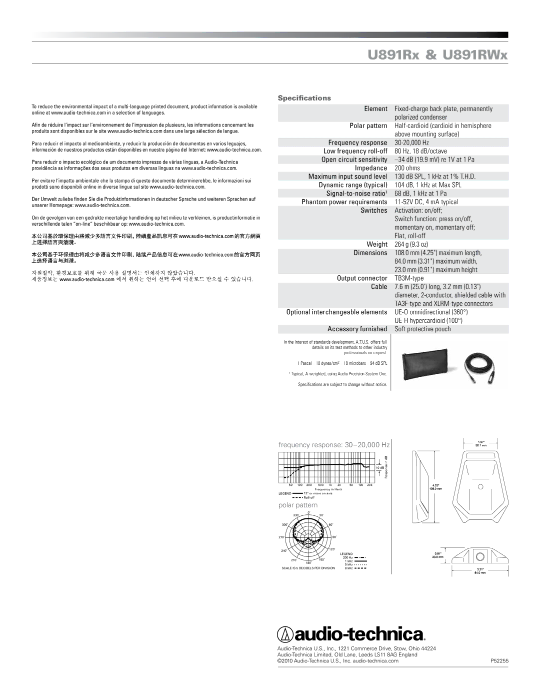 Audio-Technica U891Rx & U891RWx manual Specifications, Frequency response 30-20,000 Hz, Polar pattern 