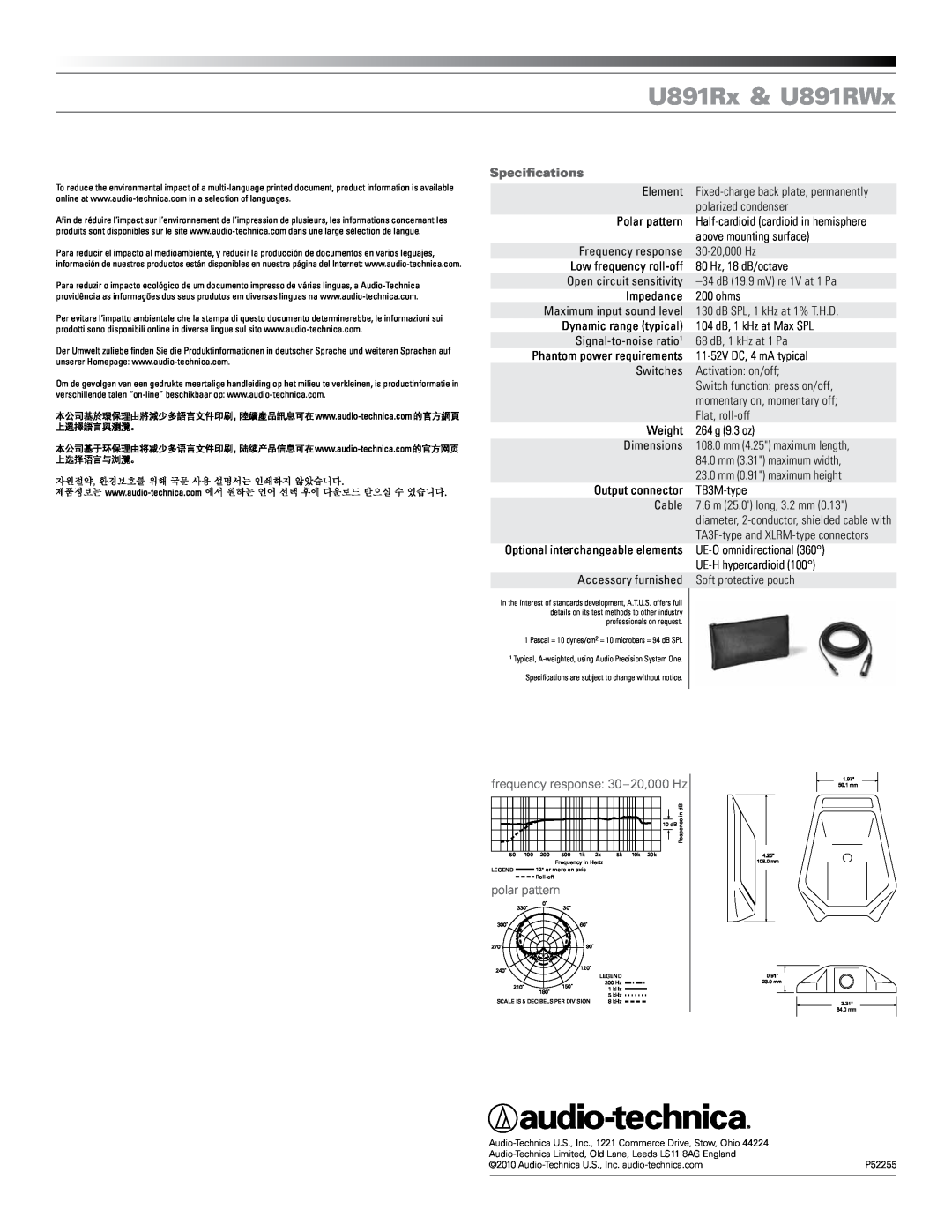 Audio-Technica U891Rx & U891RWx manual Specifications, frequency response 30-20,000 Hz, polar pattern 