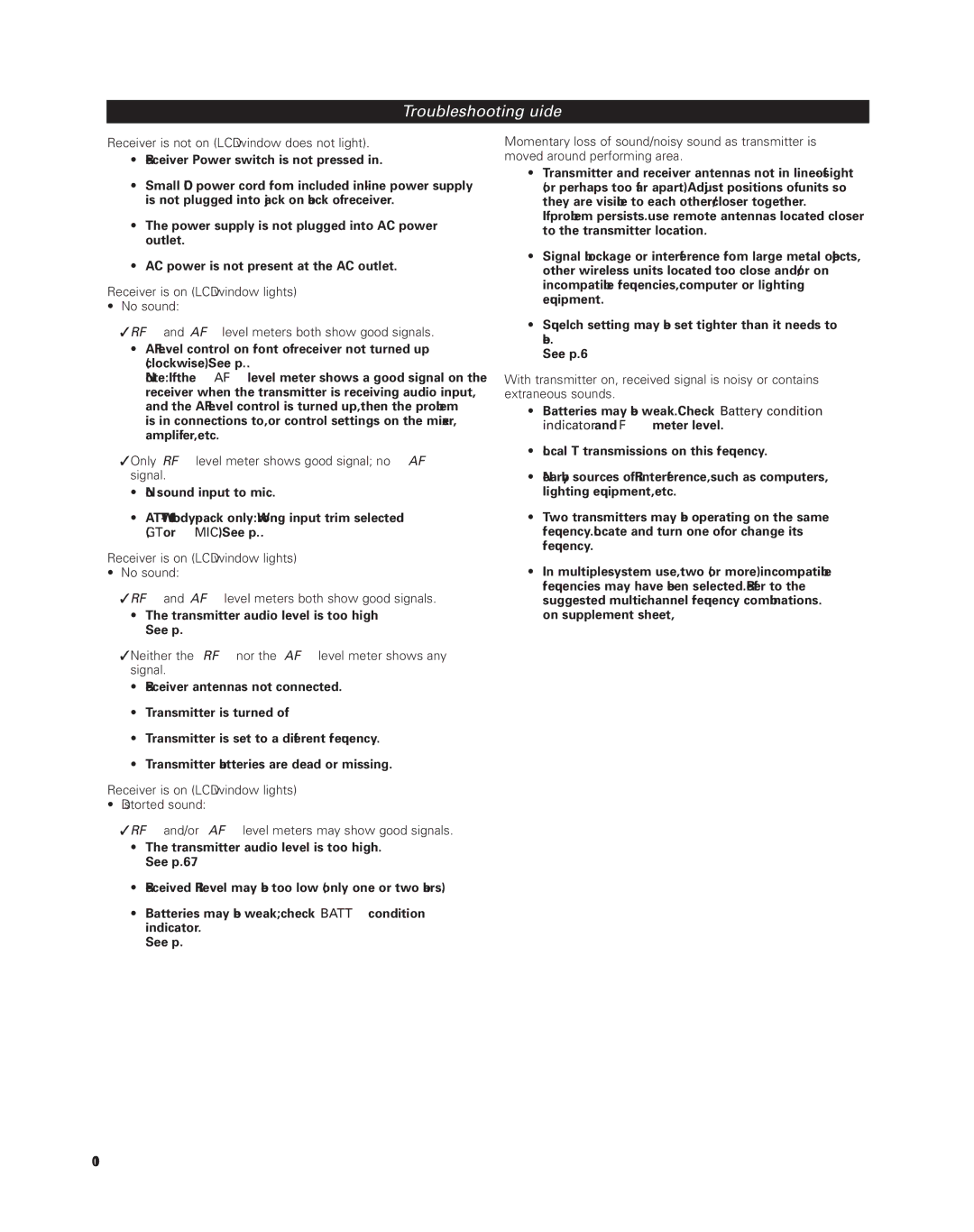 Audio-Technica uhf wireless systems manual Troubleshooting Guide, Receiver is not on LCD window does not light 