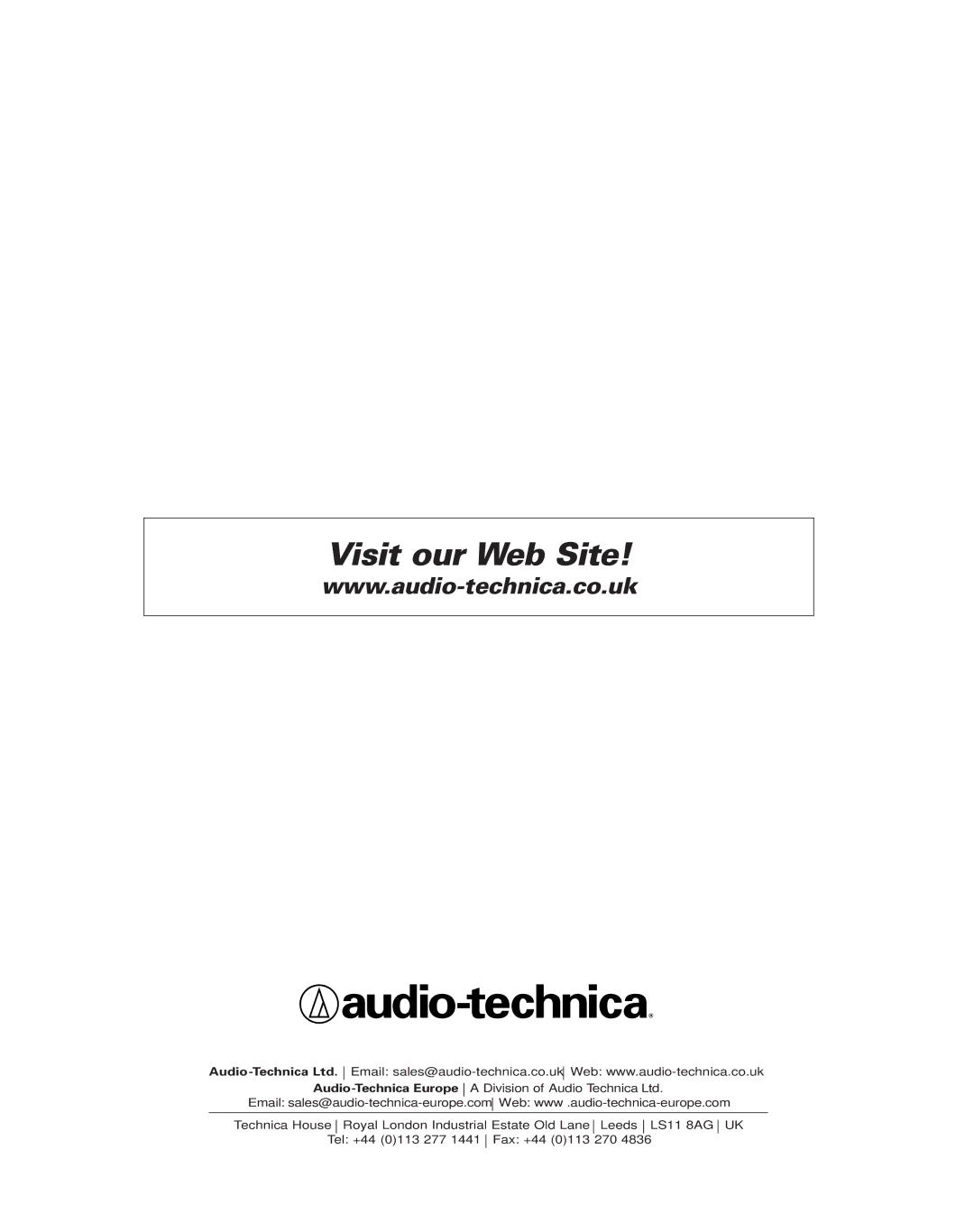 Audio-Technica uhf wireless systems manual Visit our Web Site 