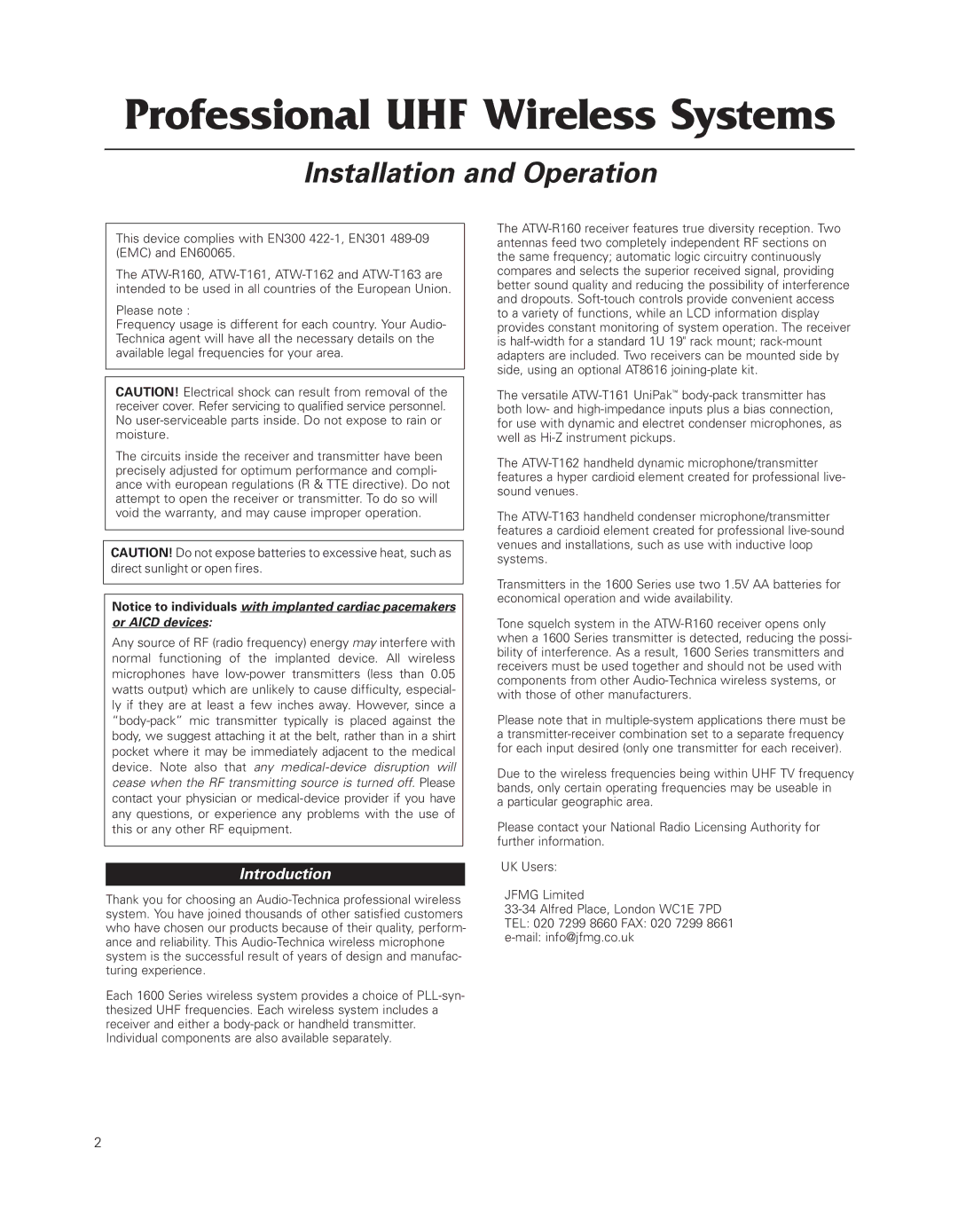 Audio-Technica uhf wireless systems manual Professional UHF Wireless Systems, Introduction 