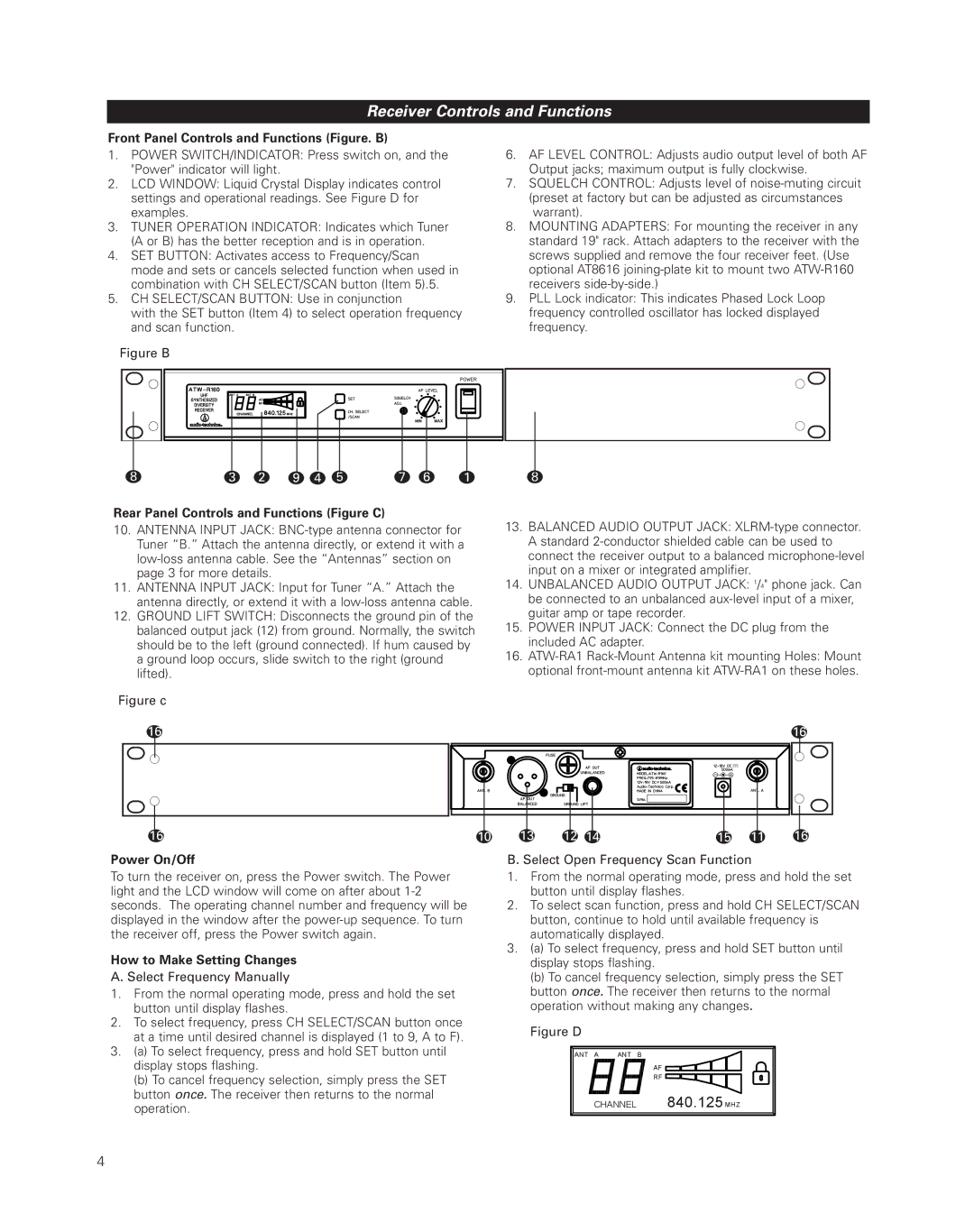 Audio-Technica uhf wireless systems manual Receiver Controls and Functions, Front Panel Controls and Functions Figure. B 