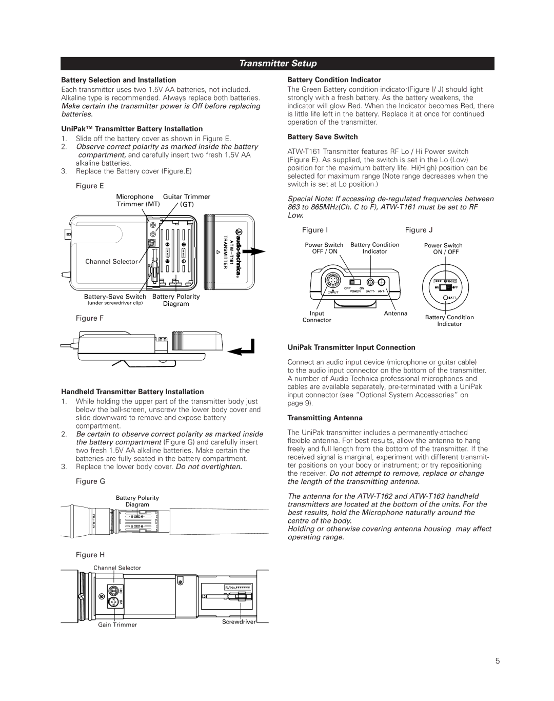 Audio-Technica uhf wireless systems manual Transmitter Setup 