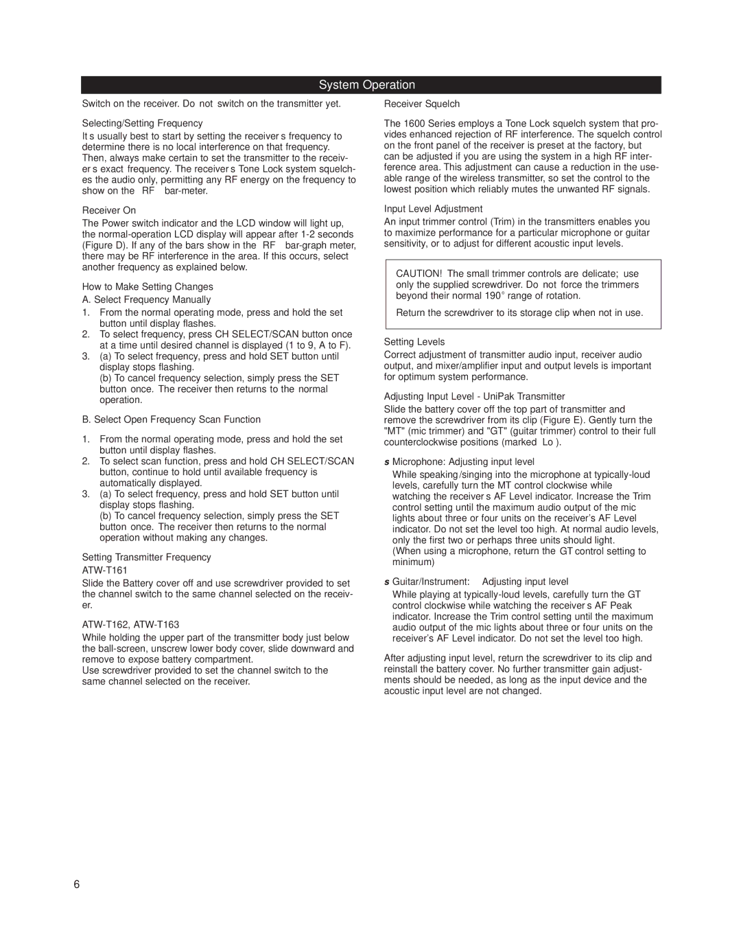 Audio-Technica uhf wireless systems manual System Operation 