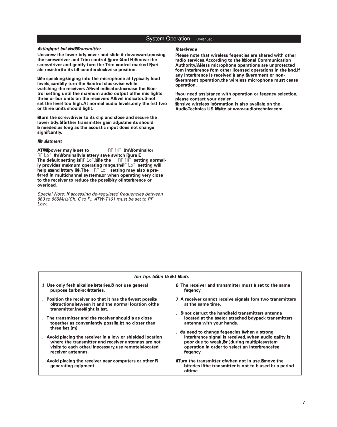 Audio-Technica uhf wireless systems manual Adjusting Input Level Handheld Transmitter, RF Power Adjustment, RF Interference 
