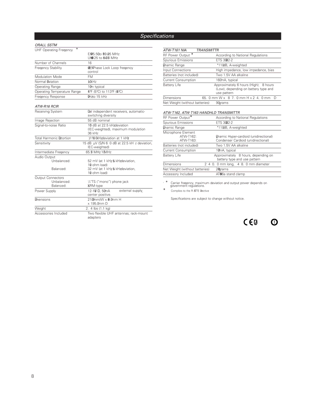 Audio-Technica uhf wireless systems manual Specifications†, Overall System 