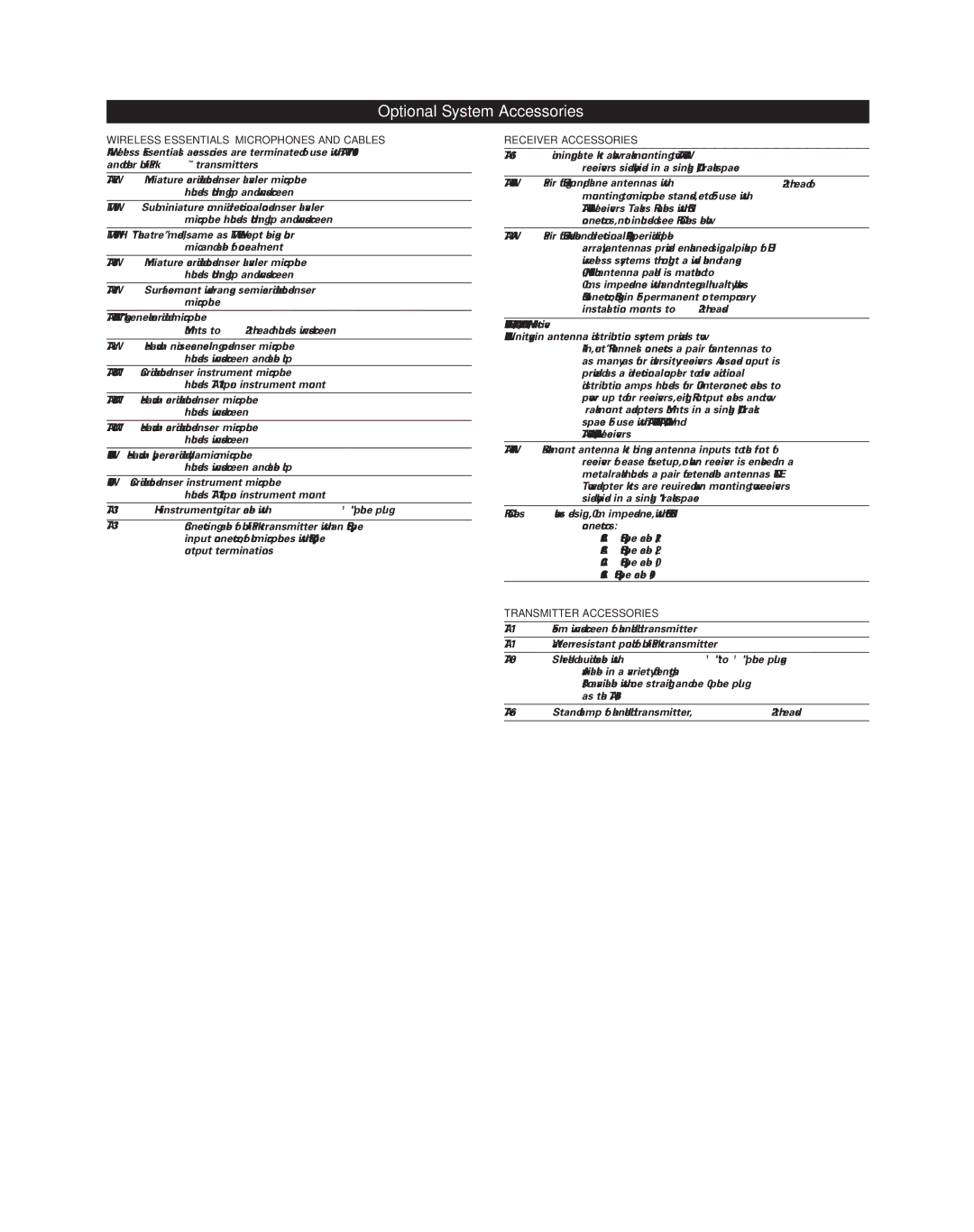 Audio-Technica uhf wireless systems manual Optional System Accessories, Wireless Essentials Microphones and Cables 