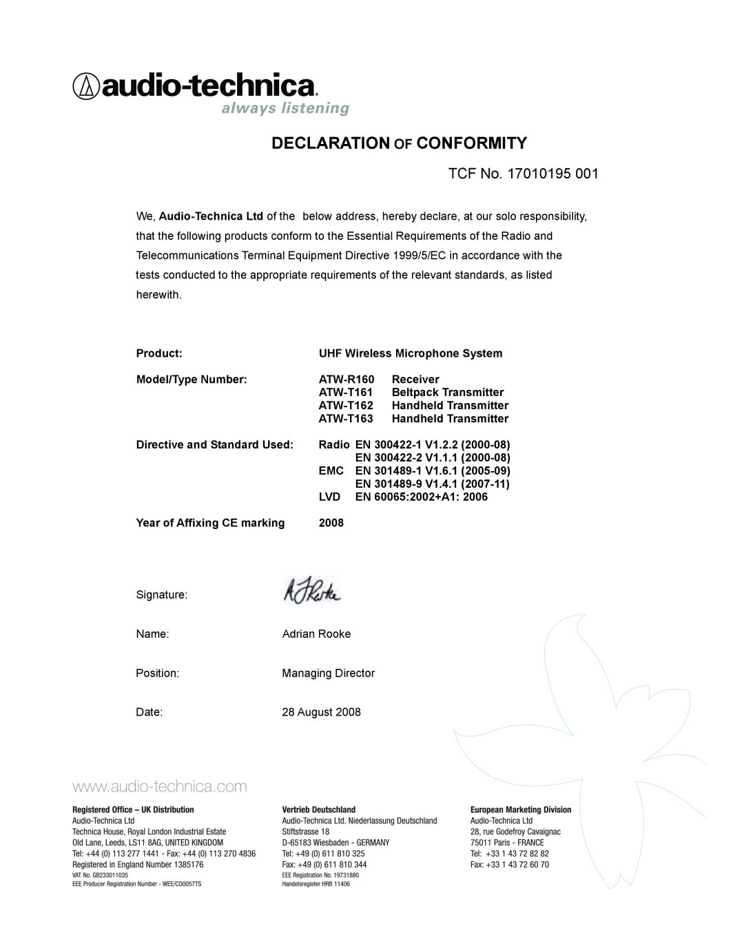 Audio-Technica uhf wireless systems manual Declaration Of Conformity, TCF No. 17010195 