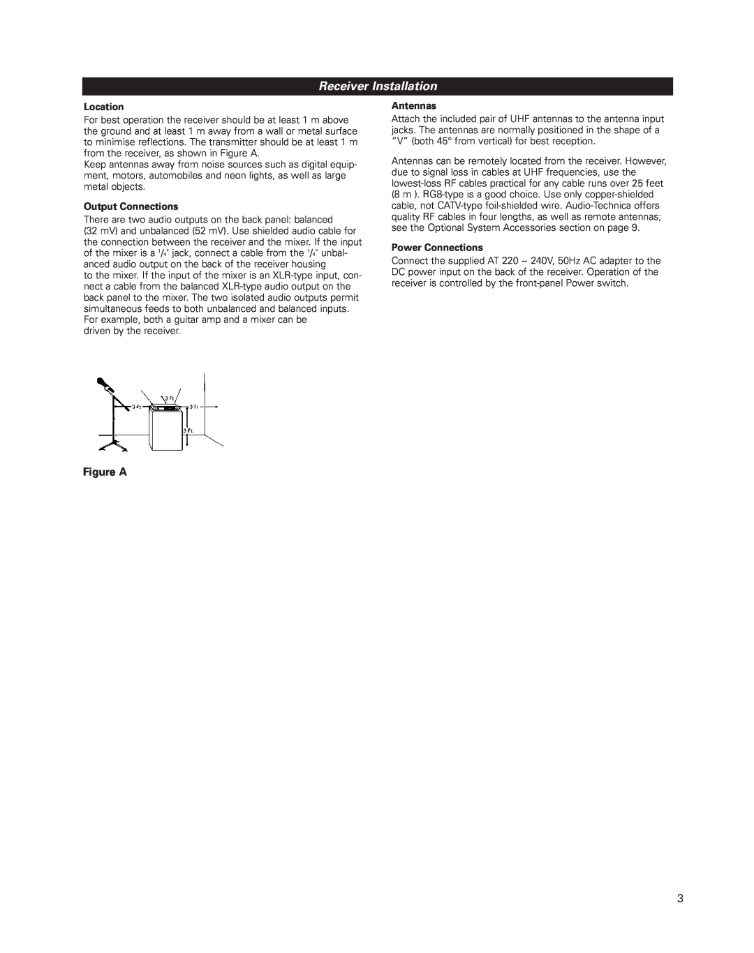Audio-Technica uhf wireless systems manual Receiver Installation, Figure A, Location, Output Connections, Antennas 