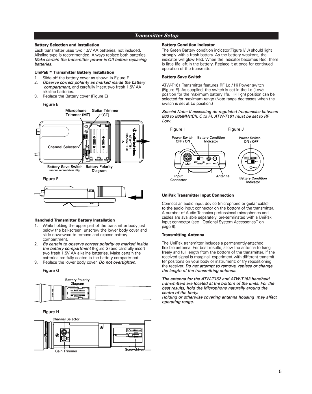 Audio-Technica uhf wireless systems Transmitter Setup, Battery Selection and Installation, Battery Condition Indicator 