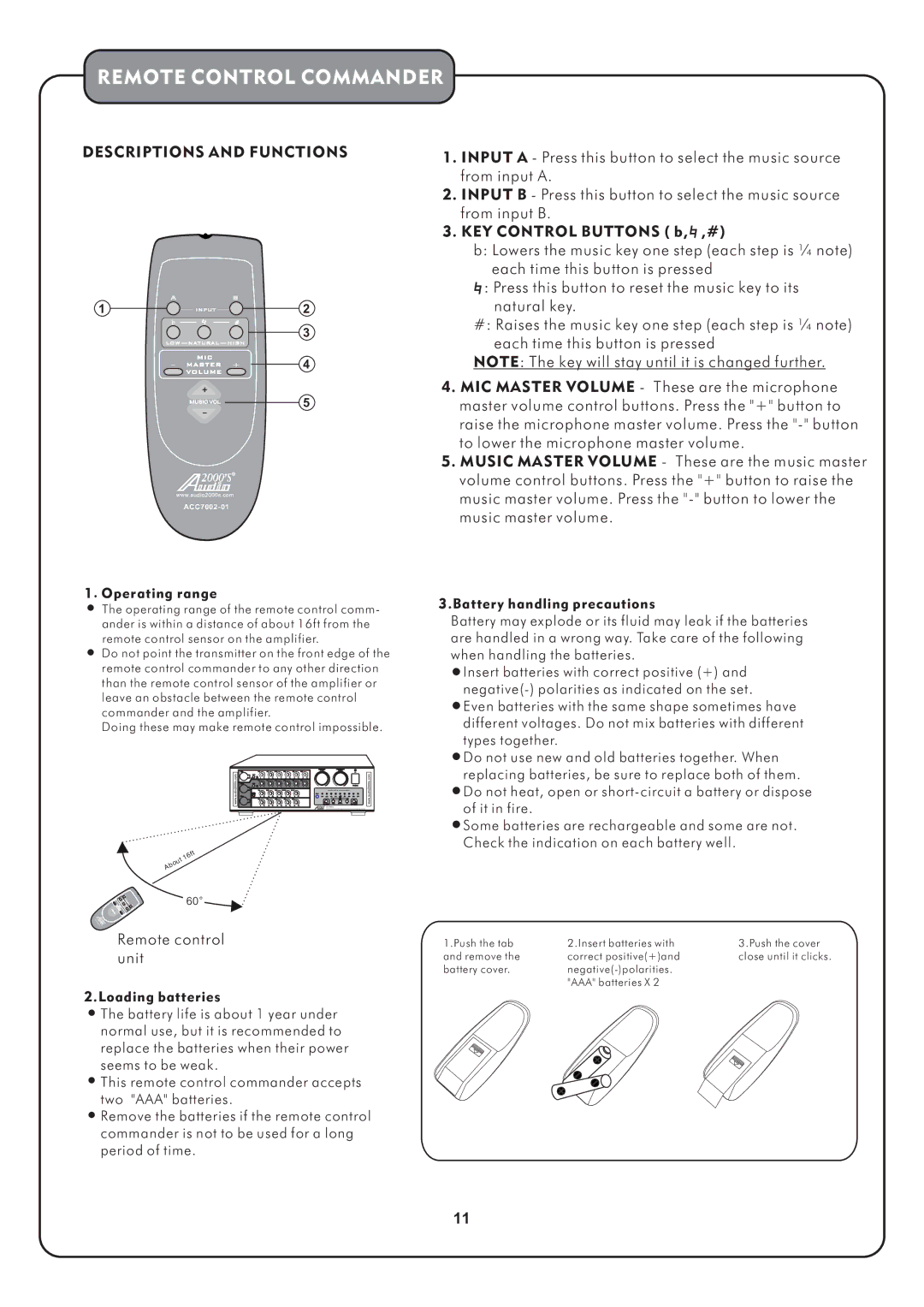 Audio2000's AKJ7002 manual Remote Control Commander, Descriptions and Functions, Remote control unit 