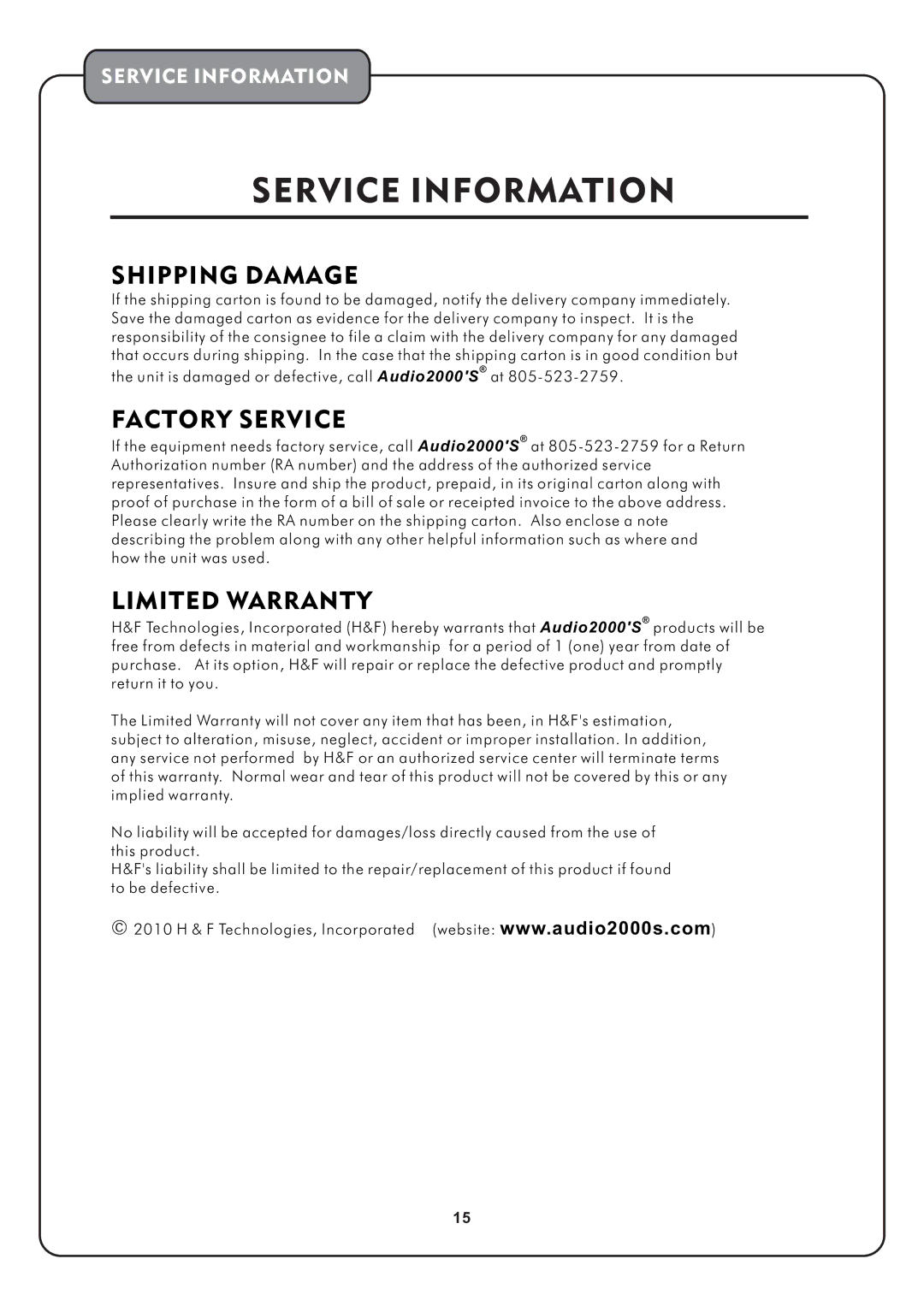 Audio2000's AKJ7002 manual Service Information 