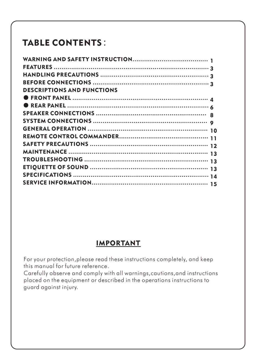 Audio2000's AKJ7002 manual Table Contents 