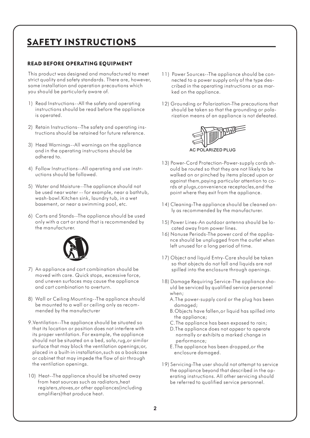 Audio2000's AKJ7002 manual Safety Instructions, Read Before Operating Equipment 