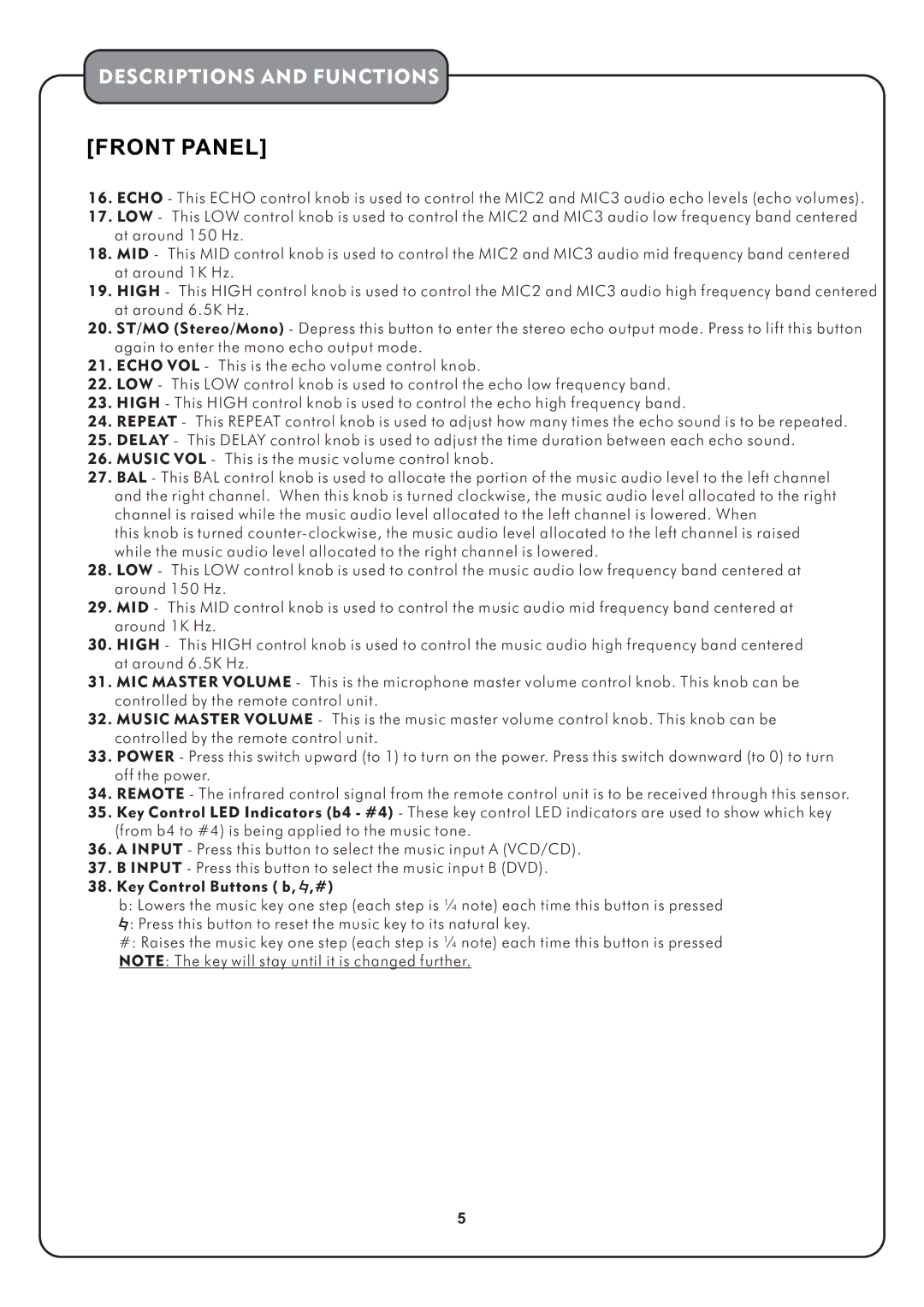 Audio2000's AKJ7002 manual Descriptions and Functions 