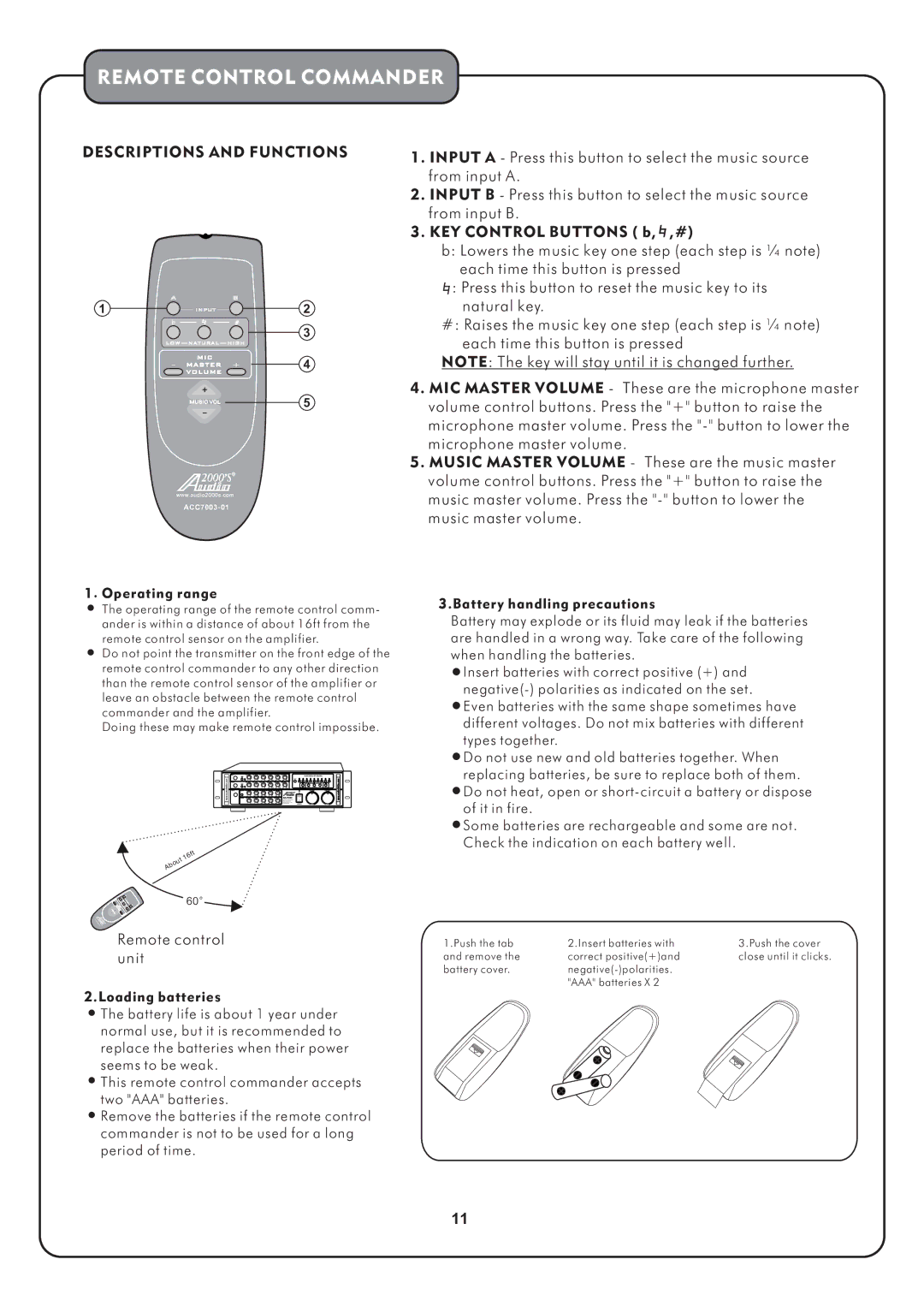 Audio2000's AKJ7003 manual Remote Control Commander, Descriptions and Functions 