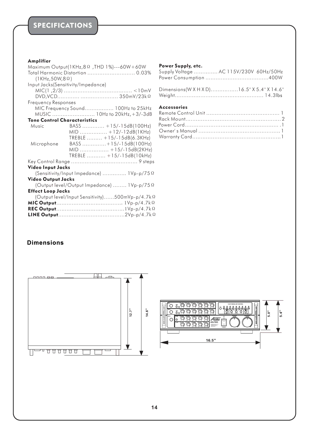 Audio2000's AKJ7003 manual Specifications, Accessories 