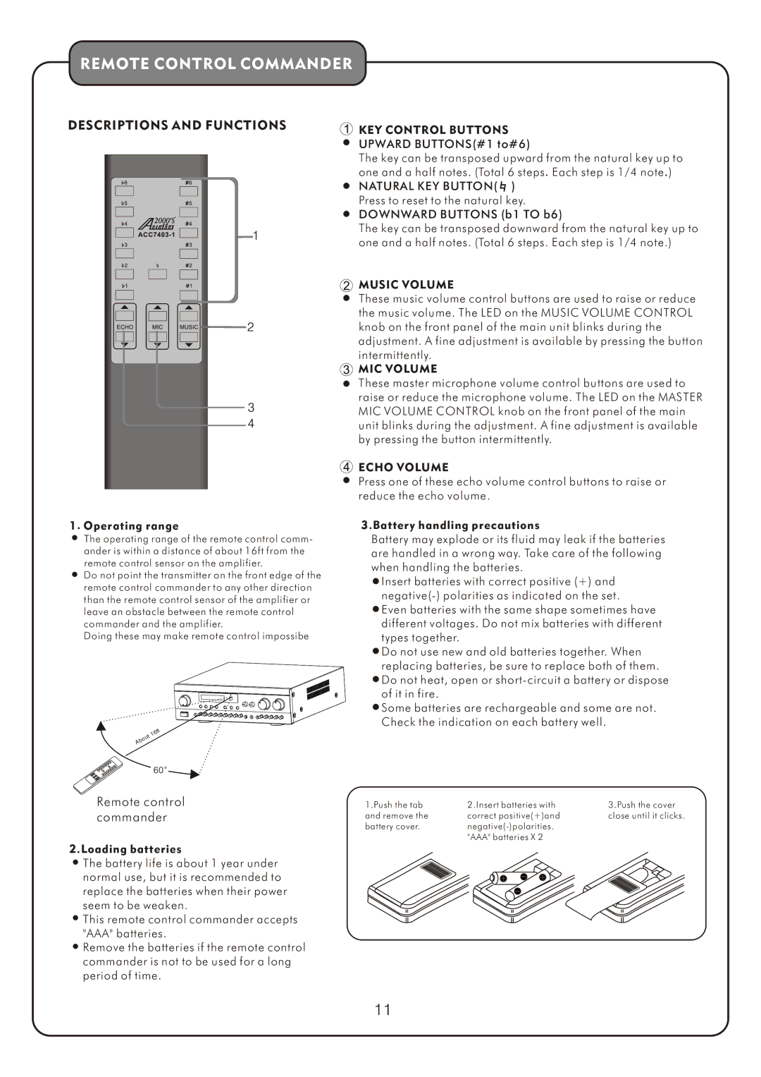 Audio2000's AKJ7404 manual Remote Control Commander, Descriptions and Functions 