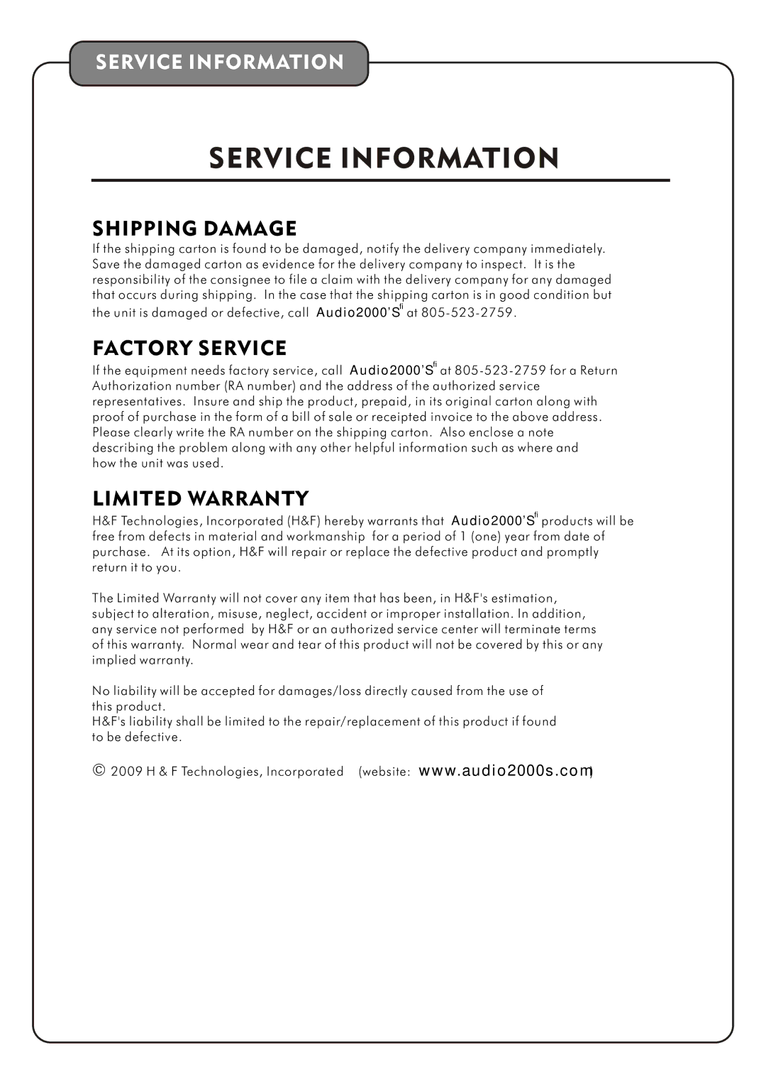 Audio2000's AKJ7404 manual Service Information 