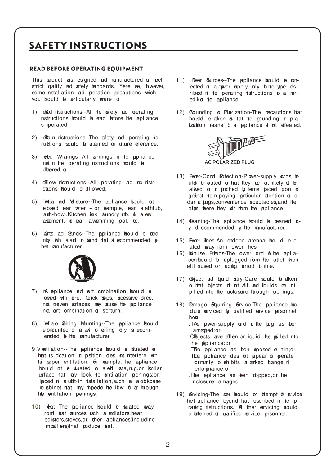 Audio2000's AKJ7404 manual Safety Instructions, Read Before Operating Equipment 