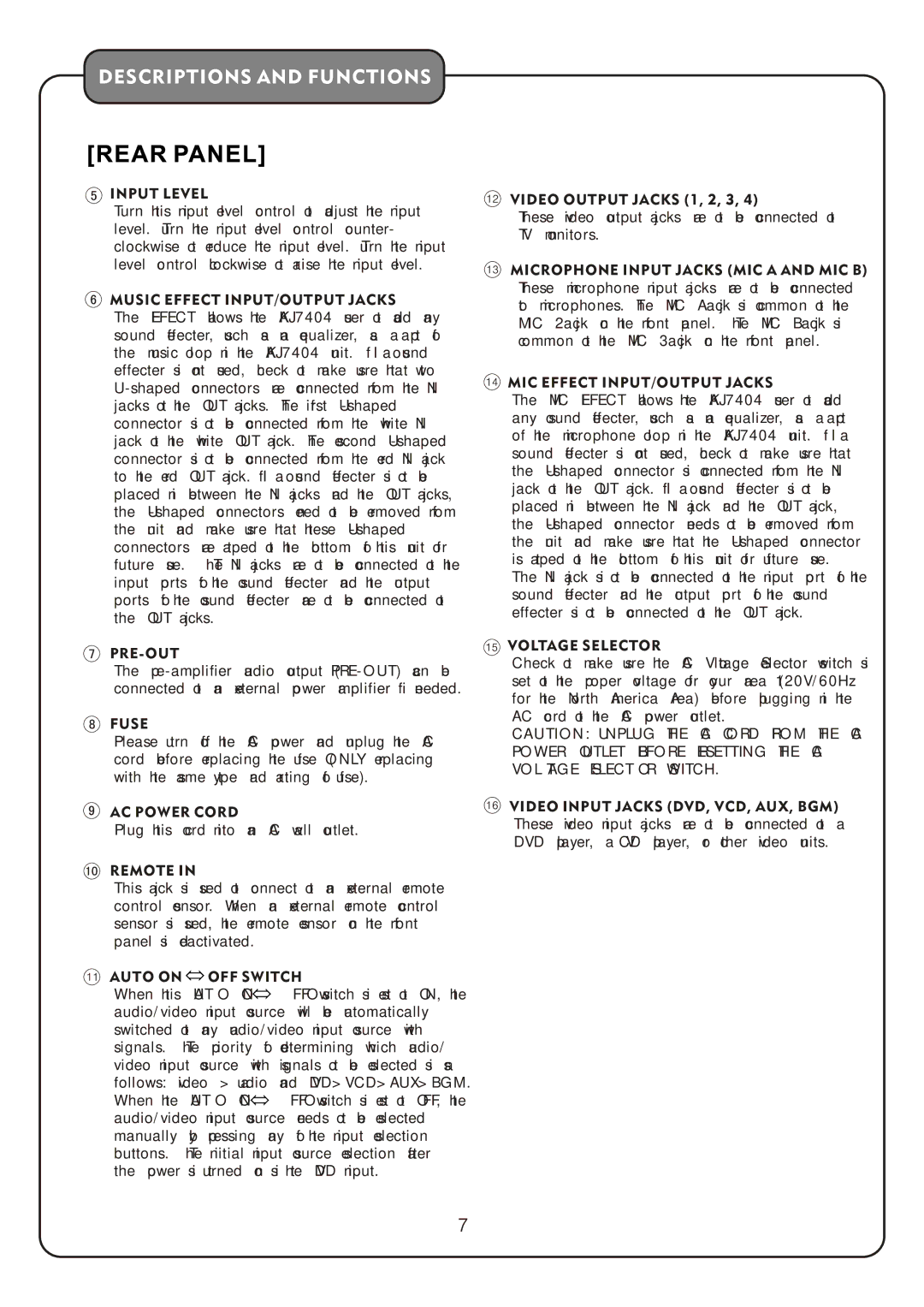 Audio2000's AKJ7404 Input Level, Music Effect INPUT/OUTPUT Jacks, Pre- Out, Fuse, AC Power Cord, Remote, Voltage Selector 